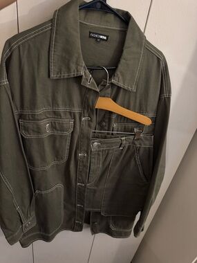 Olive Denim Two-Piece Shirt Jacket and Mini Skirt Set